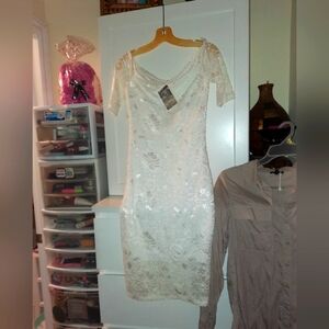 NWT SEXY CLASSY Bridal White lace knee length dress sheer sleeves and bodice
